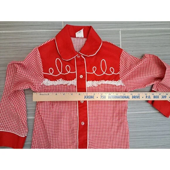 Vtg Sears Girls Red White Embroidered Western  Long Sleeve Shirt 6X Cotton Blend - Picture 6 of 8